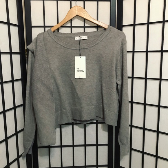 Zara Knit Ruffle Sleeve Gray Crop Sweater Size M - Picture 4 of 8